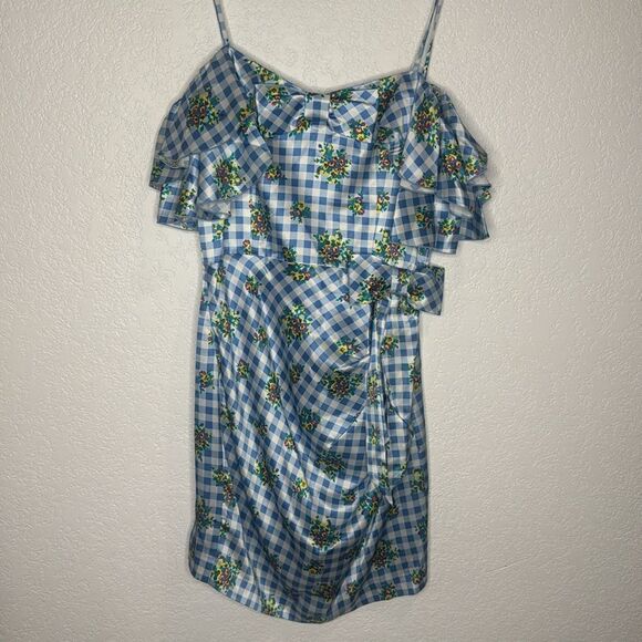 New ALESSANDRA RICH Off-Shoulder Floral Dress Medium Blue Gingham IT40/Small - Picture 2 of 16